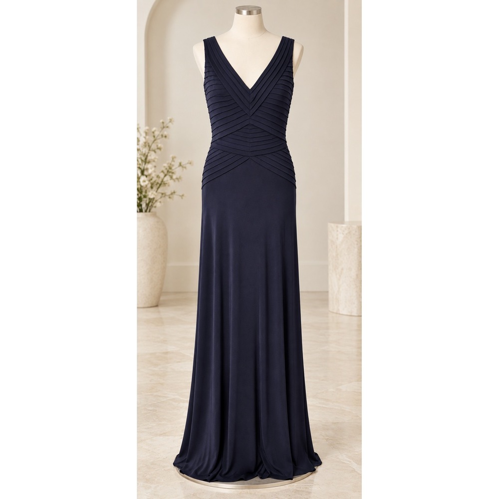 Calvin Klein Womens Navy Blue Pleated V-Neck Sleeveless Gown CD4B1A32 Size 6